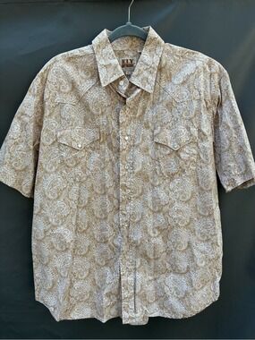 ELY CATTLEMAN Vtg Western Pearl Snap Shirt Light Brown Tan White Paisley XL